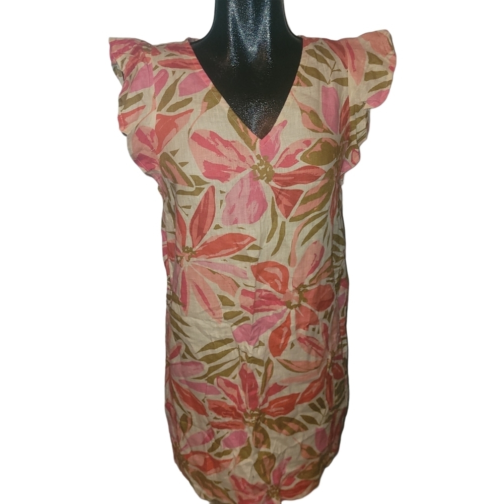 Nicole Miller Floral Print 100% Linen Short Cap Sleeve Shift Dress Size XS